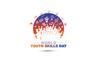 World youth skills day with Futuristic Science, Technology and creative skills development. World young Students happy and cheering background.