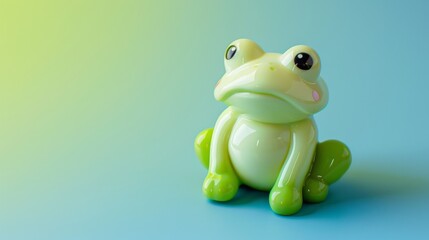 Green frog toy on blue background with copy space for your text.