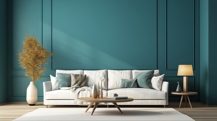 A cozy corner furnished with a sleek white sofa, complemented by a textured teal 3D wall, inviting comfort and style.