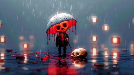  3D illustration of a skull with a red umbrella in the rain