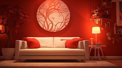 A cozy living space featuring a comfortable white sofa against a vibrant red 3D wall, radiating warmth and energy.