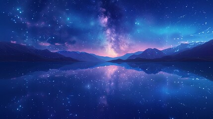 Fototapeta premium Serene Lake Reflecting the Milky Way and Distant Mountains, Stylish Animation Under Starry Night Sky