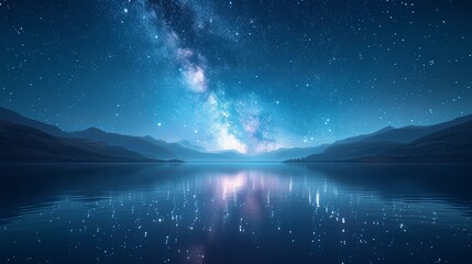 Serene Lake Reflecting the Milky Way and Distant Mountains, Stylish Animation Under Starry Night Sky