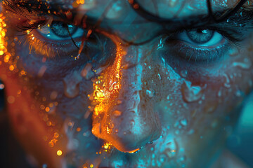 A close-up portrait of a person with an intense, piercing gaze, captured with vibrant colors - obrazy, fototapety, plakaty