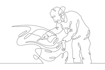 An auto mechanic is repairing a car. The mechanic opened the hood of the car. Engine repair in a car repair shop.One continuous line . Line art. Minimal single line.White background. One line drawing.