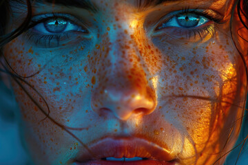 A close-up portrait of a person with an intense, piercing gaze, captured with vibrant colors