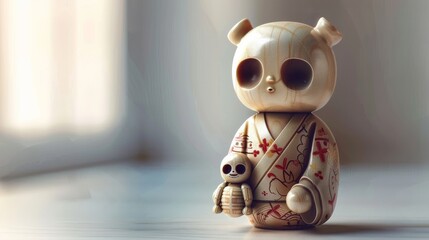 Wooden bear doll on a white wooden background.