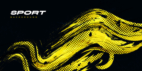 Abstract Black and Yellow Dirty Grunge Background with Halftone Effect. Sports Background with Brush Stroke Illustration