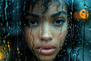 A portrait of a person reflected in a rain-streaked window