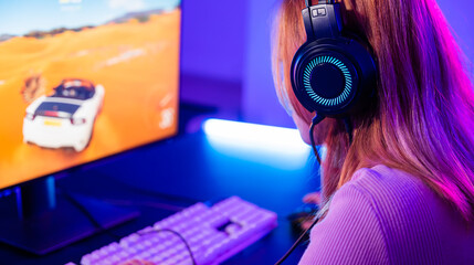 Happy Gamer endeavor plays online video games tournament with computer with neon lights, Young player woman wearing gaming headphones intend to do playing car games online at home, Back view
