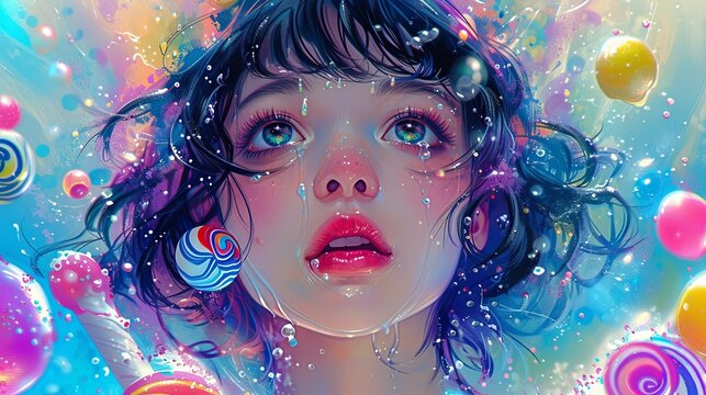 Enchanting Girl Surrounded by Colorful Psychedelic Candy in Dream Art Style with Detailed Portrait Illustrations and Whimsical Fantasy Landscapes