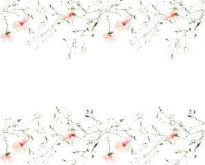 Watercolor painted seamless border frame on white background. Wild orange and pink flowers, green branches, leaves.