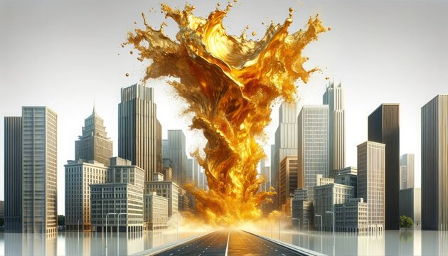 A city with a large gold explosion in the middle of it
