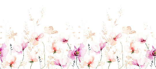 Watercolor seamless floral border frame on white background. Pink, orange, golden wild flowers, branches, leaves, twigs. - obrazy, fototapety, plakaty