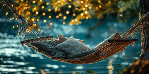 Hammock with pillows near the river, the best place for rest and relaxation