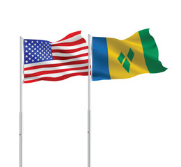 American and Saint Vincent and Grenadines flags together.USA,St Vincent flags on pole - obrazy, fototapety, plakaty