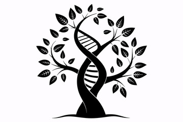 tree trunk in the form of a DNA spiral, with leaves on top silhouette black color vector illustration