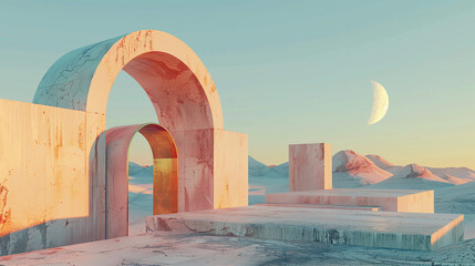 Obraz na płótnie Canvas Minimalist structures in a conceptual desert environment. 