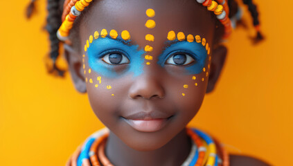 Happy African Child with Makeup in the Style of Flower extreme closeup. Generative AI
