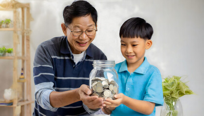 child and adult holding money jar, donation, saving, family financial plan for future life insurance; kid with piggybank