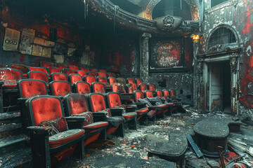 A once-grand theater with faded velvet seats and a dusty stage - obrazy, fototapety, plakaty