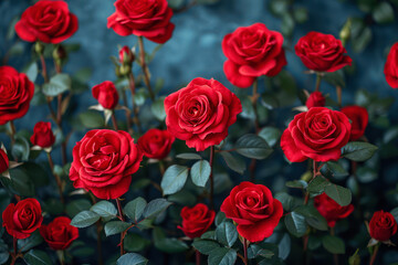 Obraz premium Red Beautiful Roses Flowers Romantic Arrangement extreme closeup. Generative AI