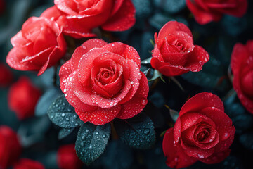 Red Beautiful Roses Flowers Romantic Arrangement extreme closeup. Generative AI