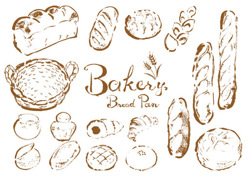 いろんなパンの手描きイラストセット　線画　茶色