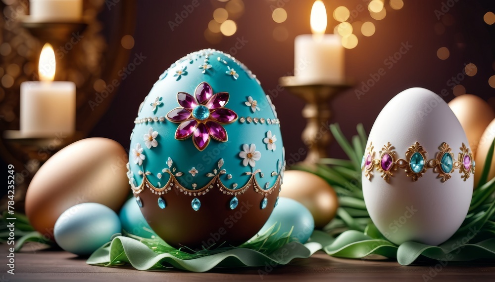 Poster luxurious easter eggs adorned with jewels and floral patterns, displayed with lit candles and soft l
