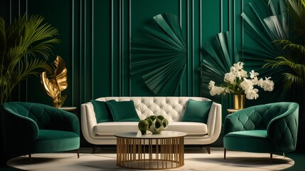 A cozy lounge area featuring a comfortable white sofa set against a rich emerald green 3D wall, evoking opulence and elegance.