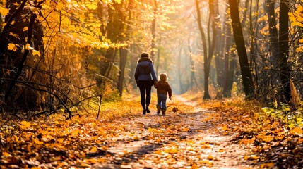 During a quiet walk, a mom and her kid collecting autumn leaves, each one a treasure of the moment.