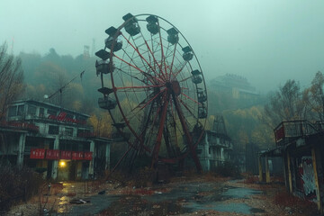 Rusting Ferris Wheel Against a Gloomy Sky