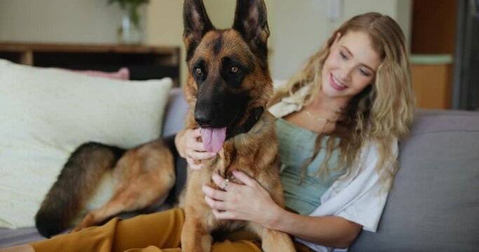 Love, relax and woman in home with dog for company, commitment and loyalty with animals on couch. Pet care, woman and German Shepard in living room for bonding, support and smile together on sofa