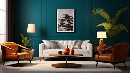 A cozy lounge area featuring a comfortable white sofa set against a rich teal 3D wall, exuding warmth and sophistication.