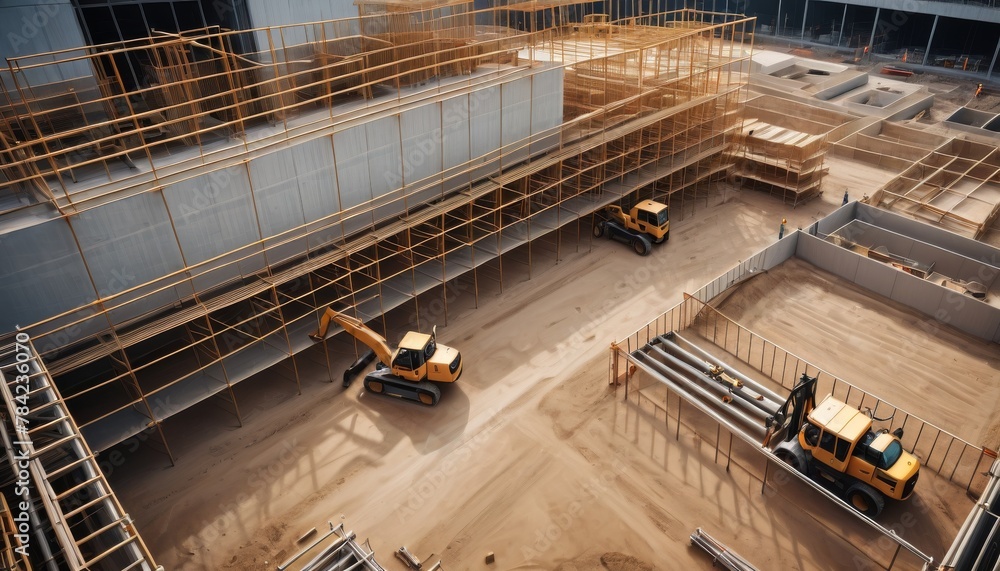 Aufkleber overhead shot capturing construction machinery at work in a developing area with unfinished structur