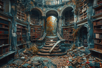A forgotten library with towering bookshelves and decaying books - obrazy, fototapety, plakaty
