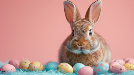 Engaging image showcasing a brown Easter bunny with a playful expression, set against a gentle pastel pink background. A line of multicolored Easter eggs, with patterns ranging from polka dots  - obrazy, fototapety, plakaty