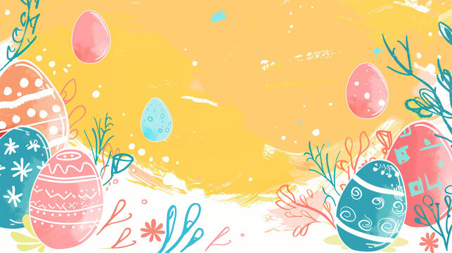 Happy Easter banner presenting a delicate array of colorful chocolate Easter eggs accompanied by cherry blossoms on a soft peach background. The Easter eggs are painted in pastel shades of pink