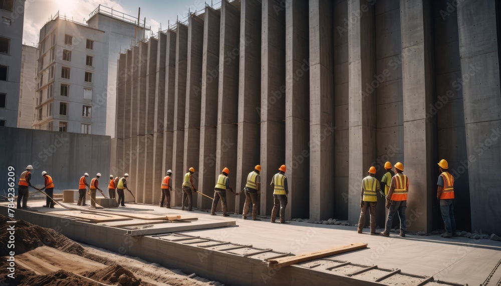Poster construction crew busily working on the concrete foundations of an emerging building.. ai generation