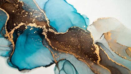 Obraz premium Art Abstract alcohol ink and watercolor painting blots horizontal background. Alcohol ink brown, blue and gold colors. Marble texture.