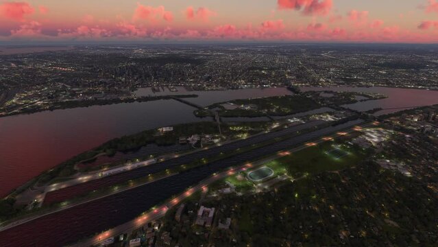 Top view at sunset of the Circuit Gilles Villeneuve in Montreal. Canada
