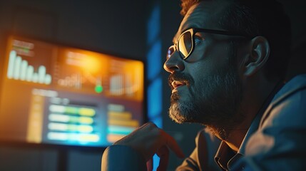 Company Creative Manager Holds Sales Meeting Presentation for Employees and Executives. Hispanic Male Uses TV Screen with Growth Analysis, Charts, Ad Revenue. copy space,