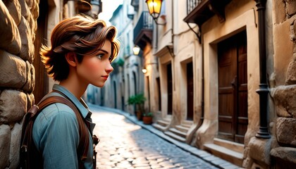 A thoughtful young woman traverses a serene, historic alleyway, bathed in the warm glow of the evening light.. AI Generation