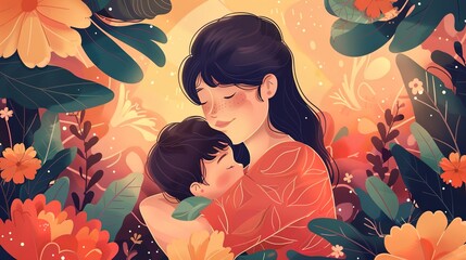 celebrating happy mother's day with arms holding each others and be surrounded by carnation flowers.VECTOR