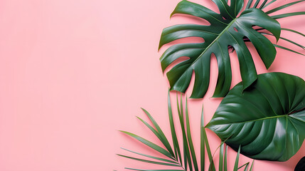Pastel pink background with tropical leaf palm, monstera with a place for your product, copy space.
