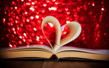 Heart shaped book pages on shiny background