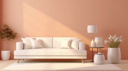 Fototapeta na wymiar A cozy white sofa set against a soft peach 3D wall, bathed in warm, natural light, creating a serene ambiance.