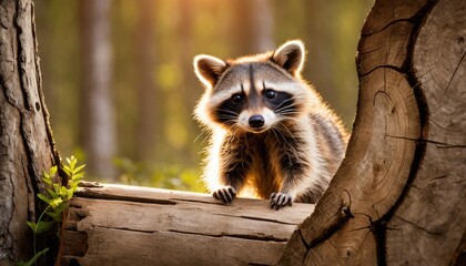 Fototapeta premium A curious raccoon peers out from a tree trunk in a vibrant forest setting, captivating with its expressive eyes.. AI Generation