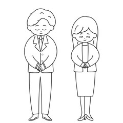 お辞儀をするシンプルな男女の線画の全身イラスト
