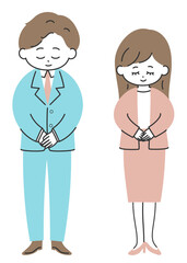 お辞儀をするシンプルでかわいい男女の全身イラスト